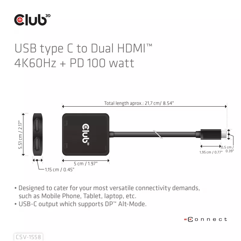 CLUB3D USB-C® Hub auf Dual HDMI™ 4K60Hz M/F+PD3.0 100 W