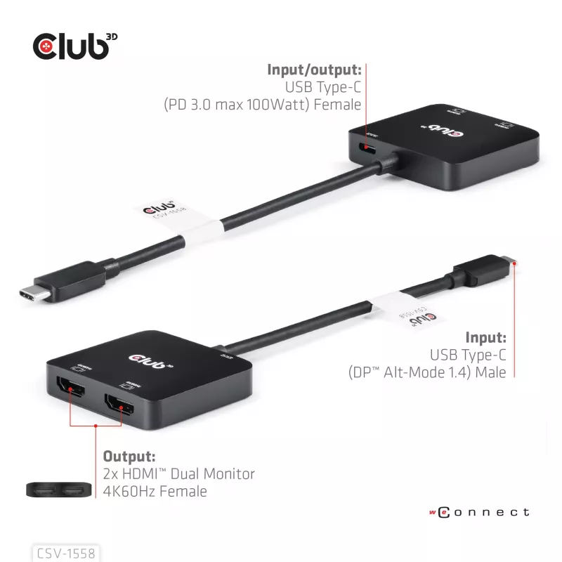 CLUB3D USB-C® Hub auf Dual HDMI™ 4K60Hz M/F+PD3.0 100 W