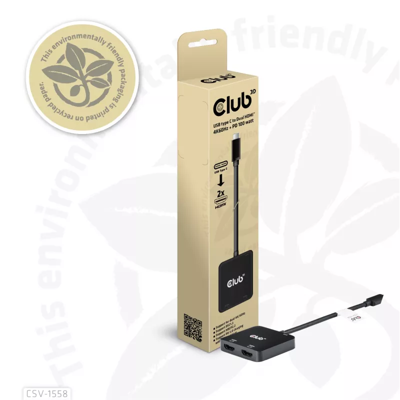 CLUB3D USB-C® Hub auf Dual HDMI™ 4K60Hz M/F+PD3.0 100 W