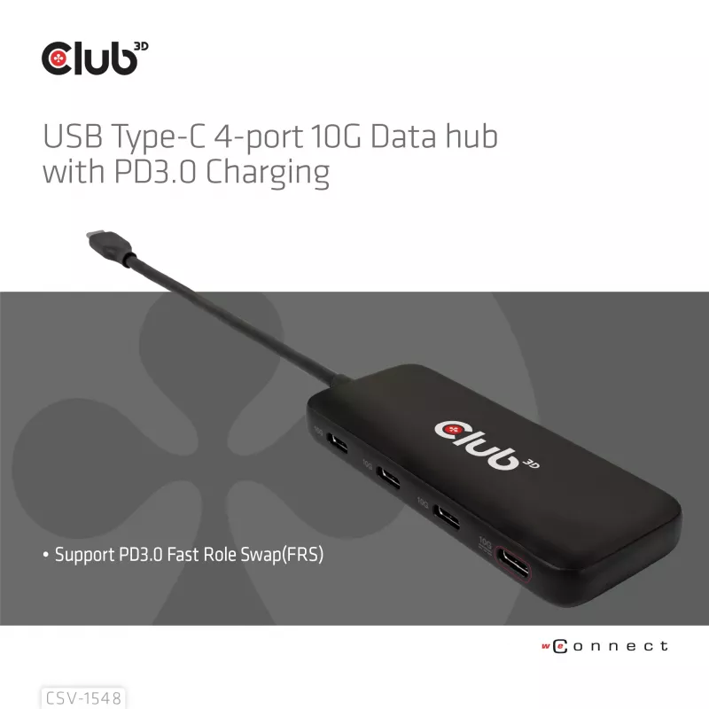CLUB3D USB Type-C 4-Port 10G Daten-Hub mit PD3.0-Ladung