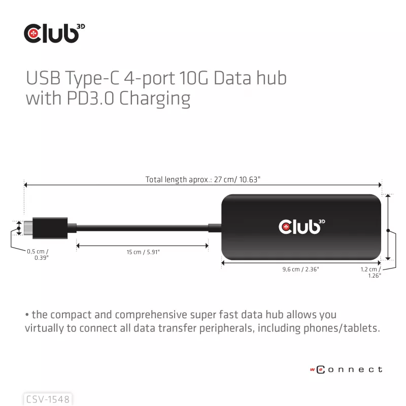 CLUB3D USB Type-C 4-Port 10G Daten-Hub mit PD3.0-Ladung