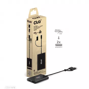 Videosplitter Club 3D CSV-1478 USB Type-C (mit USB-A-Adapter) auf dual DisplayPort 4K60Hz, Schwarz
