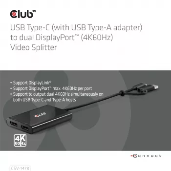 Videosplitter Club 3D CSV-1478 USB Type-C (mit USB-A-Adapter) auf dual DisplayPort 4K60Hz, Schwarz