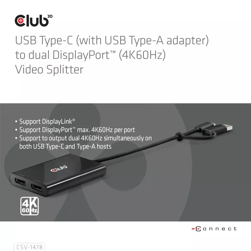 Videosplitter Club 3D CSV-1478 USB Type-C (mit USB-A-Adapter) auf dual DisplayPort 4K60Hz, Schwarz