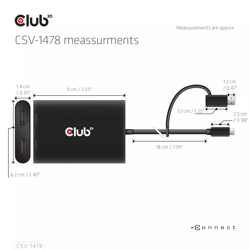 Videosplitter Club 3D CSV-1478 USB Type-C (mit USB-A-Adapter) auf dual DisplayPort 4K60Hz, Schwarz