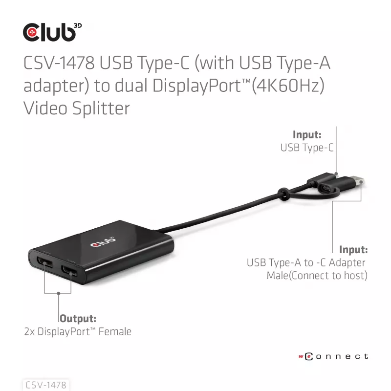 Videosplitter Club 3D CSV-1478 USB Type-C (mit USB-A-Adapter) auf dual DisplayPort 4K60Hz, Schwarz
