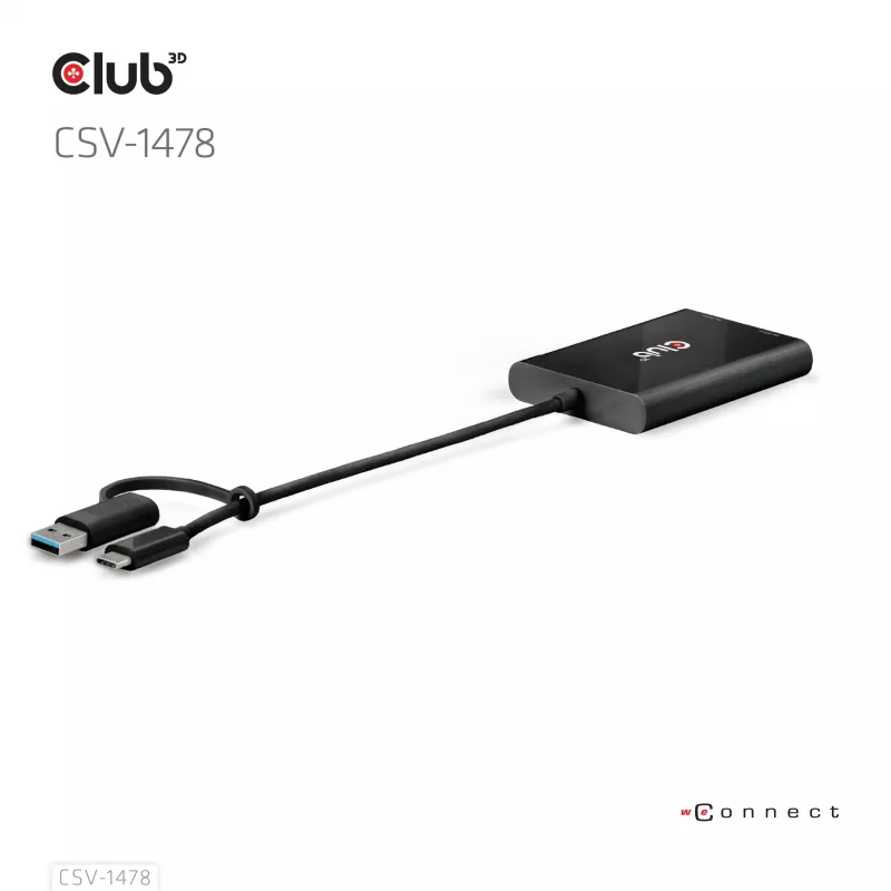 Videosplitter Club 3D CSV-1478 USB Type-C (mit USB-A-Adapter) auf dual DisplayPort 4K60Hz, Schwarz