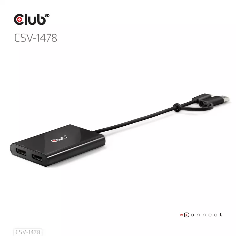 Videosplitter Club 3D CSV-1478 USB Type-C (mit USB-A-Adapter) auf dual DisplayPort 4K60Hz, Schwarz