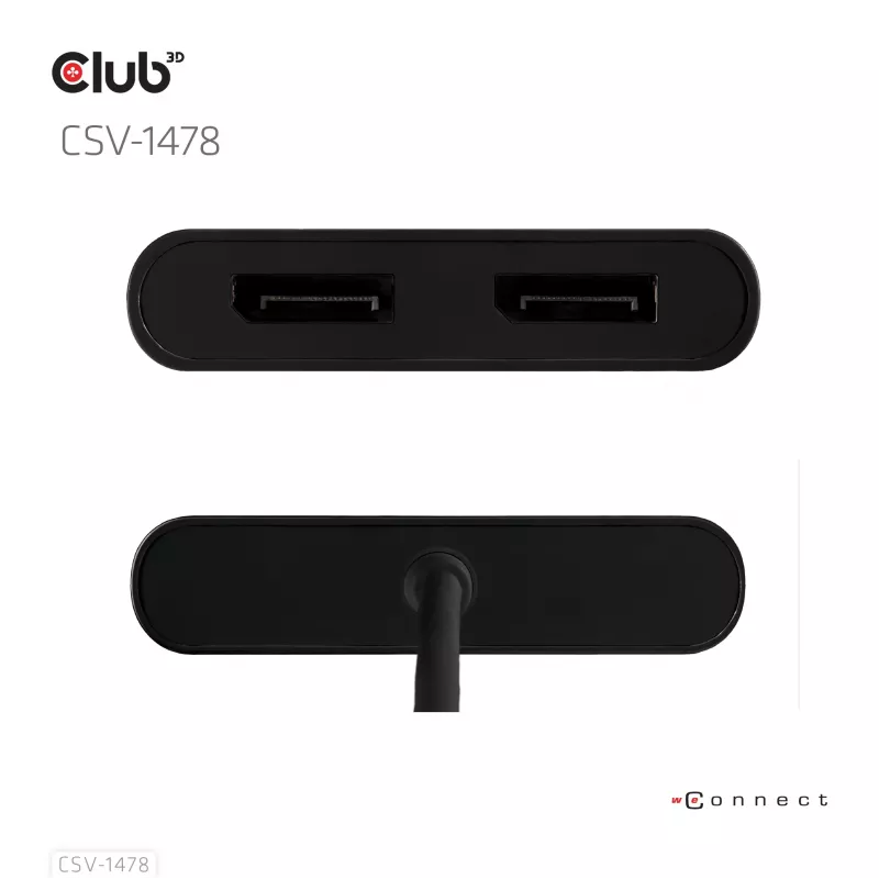 Videosplitter Club 3D CSV-1478 USB Type-C (mit USB-A-Adapter) auf dual DisplayPort 4K60Hz, Schwarz