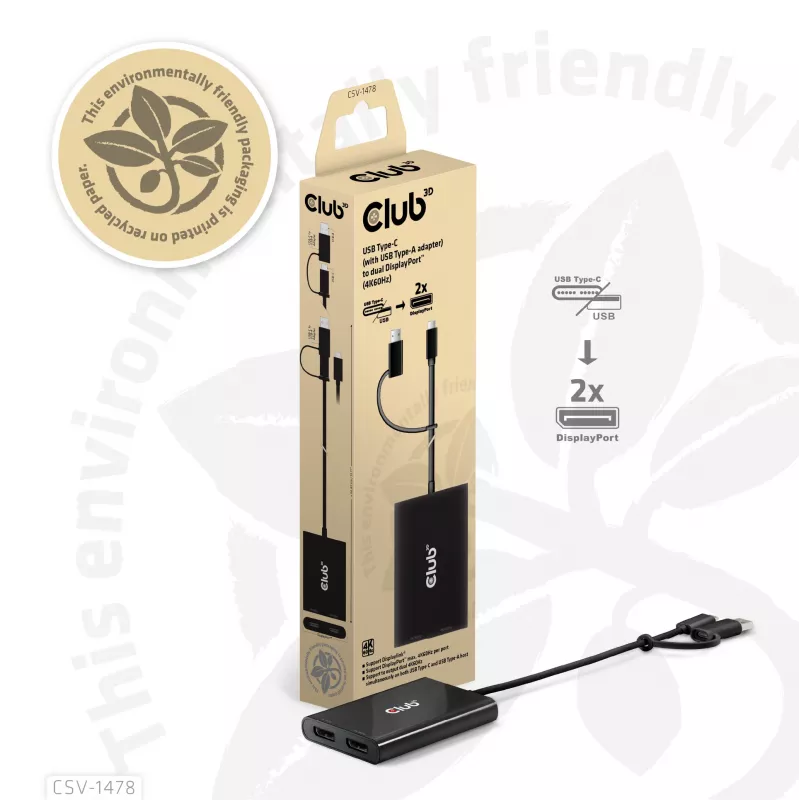 Videosplitter Club 3D CSV-1478 USB Type-C (mit USB-A-Adapter) auf dual DisplayPort 4K60Hz, Schwarz