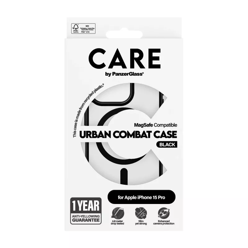 PanzerGlass CARE™ by ® Urban Combat Case Transparent mit schwarzem MagSafe für iPhone 15 Pro