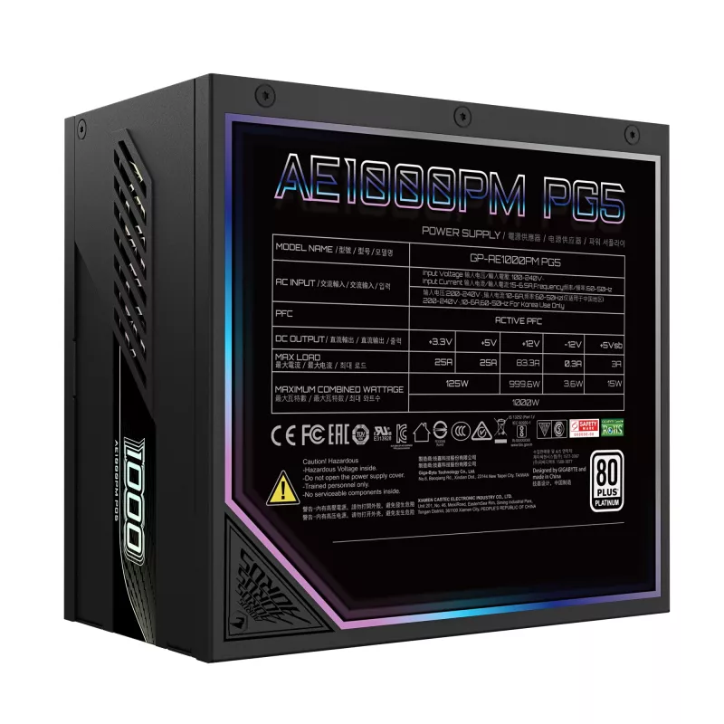 GIGABYTE AORUS ELITE P1000W ICE Netzteil - PCIe 5.0, 80 PLUS Platinum, vollmodulares Design, 120-mm-Lüfter, ATX 3.0 kompatibel, EU-Stecker