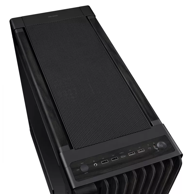 PC-Gehäuse ASUS ProArt PA602 Wood Edition Midi Tower Schwarz — Holz, ATX/EATX-Unterstützung, Temperglas, 4×3,5 Zoll / 8×2,5 Zoll, GPU bis zu 450 mm