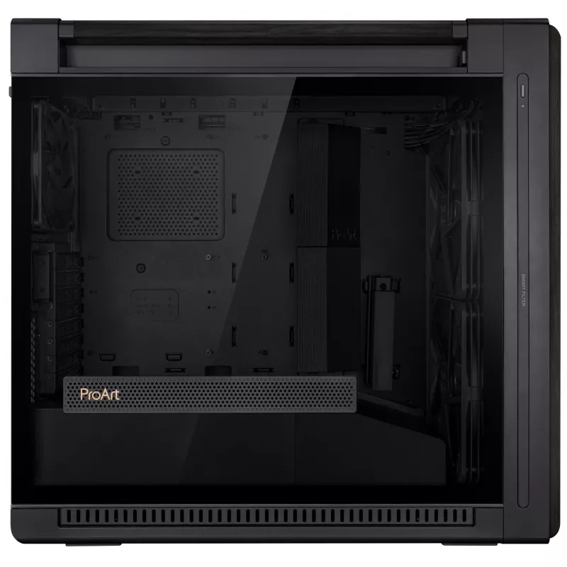 PC-Gehäuse ASUS ProArt PA602 Wood Edition Midi Tower Schwarz — Holz, ATX/EATX-Unterstützung, Temperglas, 4×3,5 Zoll / 8×2,5 Zoll, GPU bis zu 450 mm