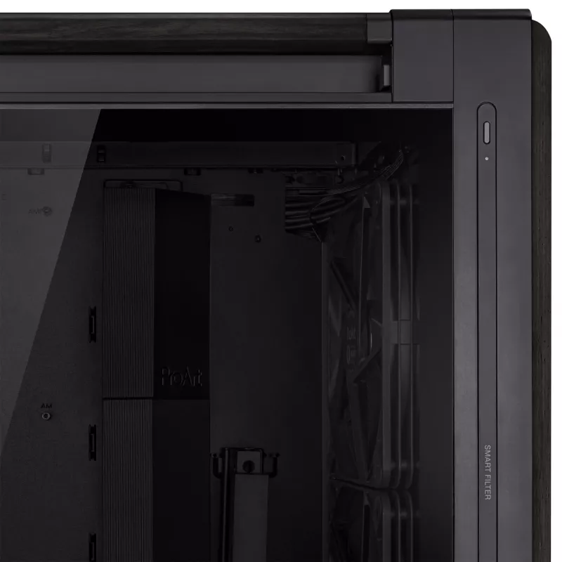 PC-Gehäuse ASUS ProArt PA602 Wood Edition Midi Tower Schwarz — Holz, ATX/EATX-Unterstützung, Temperglas, 4×3,5 Zoll / 8×2,5 Zoll, GPU bis zu 450 mm