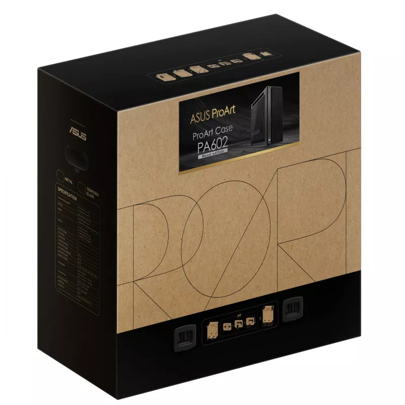 PC-Gehäuse ASUS ProArt PA602 Wood Edition Midi Tower Schwarz — Holz, ATX/EATX-Unterstützung, Temperglas, 4×3,5 Zoll / 8×2,5 Zoll, GPU bis zu 450 mm