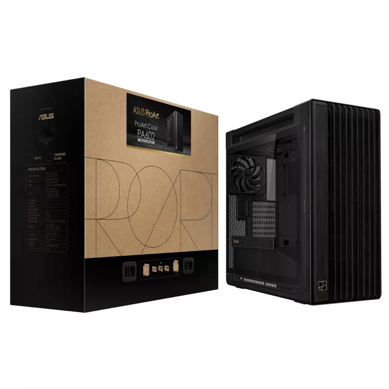 PC-Gehäuse ASUS ProArt PA602 Wood Edition Midi Tower Schwarz — Holz, ATX/EATX-Unterstützung, Temperglas, 4×3,5 Zoll / 8×2,5 Zoll, GPU bis zu 450 mm