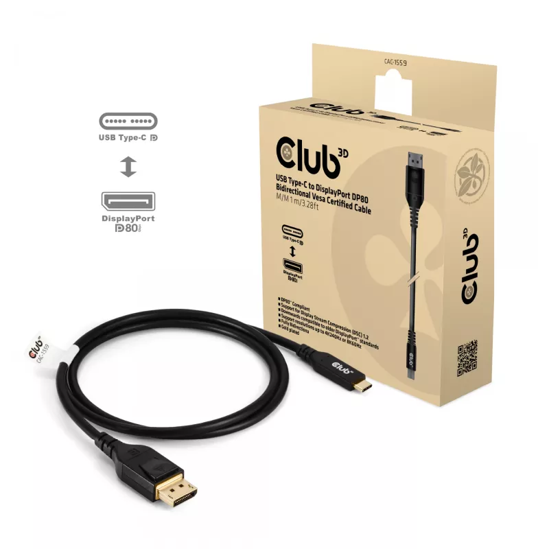 USB-Typ-C-auf-DisplayPort-2.1-Kabel, Club 3D CAC-1559, bidirektional, VESA DP80-zertifiziert, 1 m