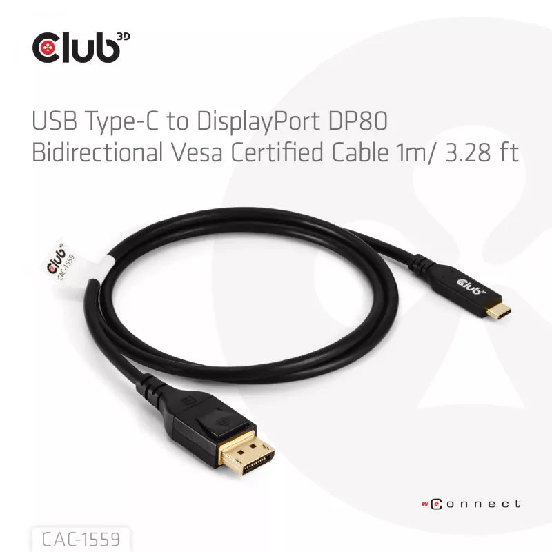 USB-Typ-C-auf-DisplayPort-2.1-Kabel, Club 3D CAC-1559, bidirektional, VESA DP80-zertifiziert, 1 m