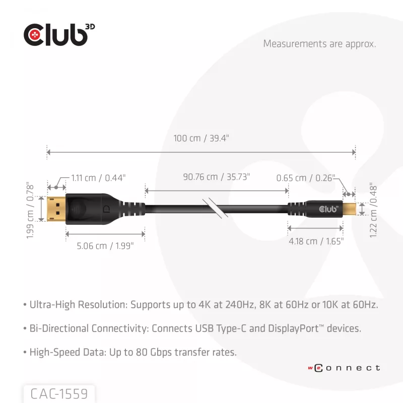 USB-Typ-C-auf-DisplayPort-2.1-Kabel, Club 3D CAC-1559, bidirektional, VESA DP80-zertifiziert, 1 m