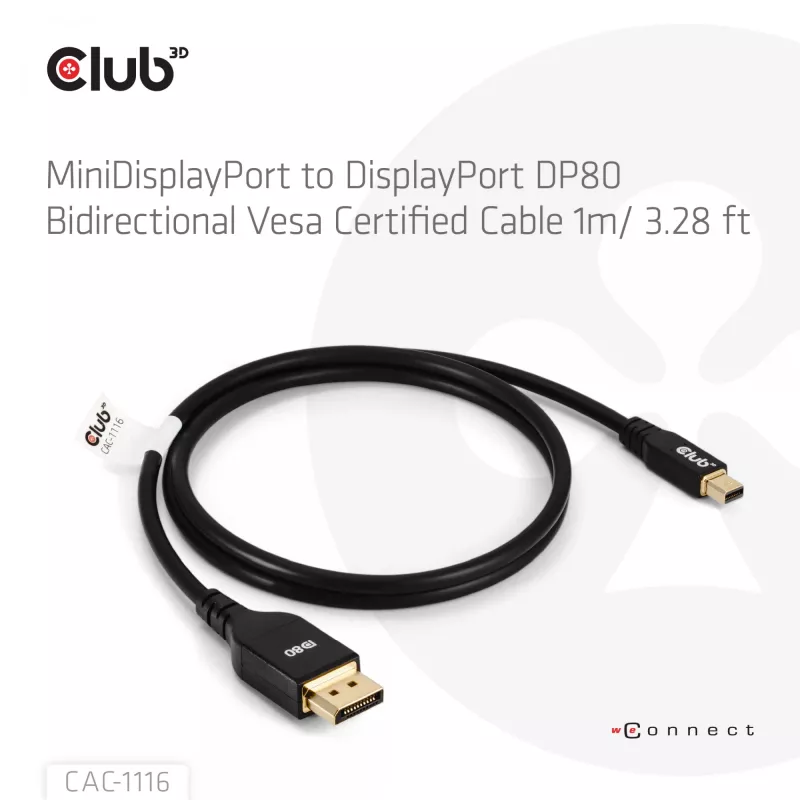 CLUB3D Mini DisplayPort™ auf DisplayPort™ Bidirektionales VESA DP80 Zertifiziertes Kabel M/M 1m/3.28ft
