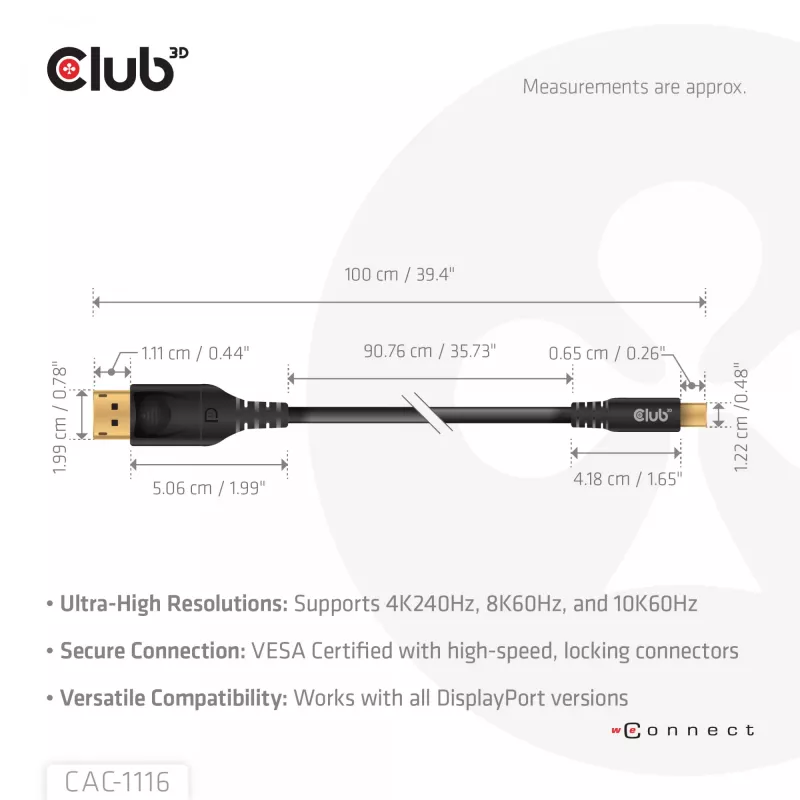 CLUB3D Mini DisplayPort™ auf DisplayPort™ Bidirektionales VESA DP80 Zertifiziertes Kabel M/M 1m/3.28ft