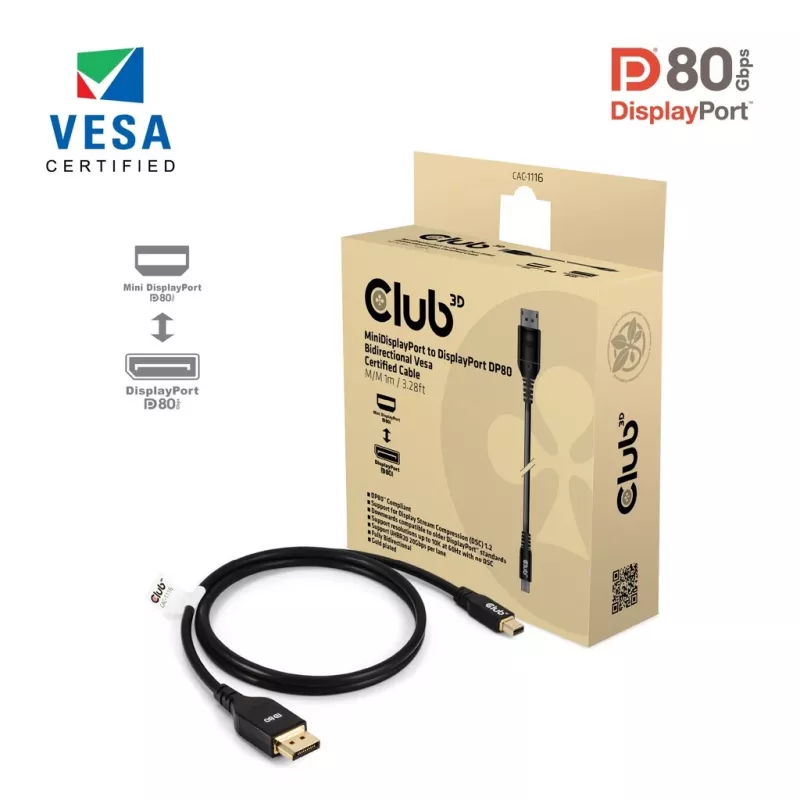 CLUB3D Mini DisplayPort™ auf DisplayPort™ Bidirektionales VESA DP80 Zertifiziertes Kabel M/M 1m/3.28ft