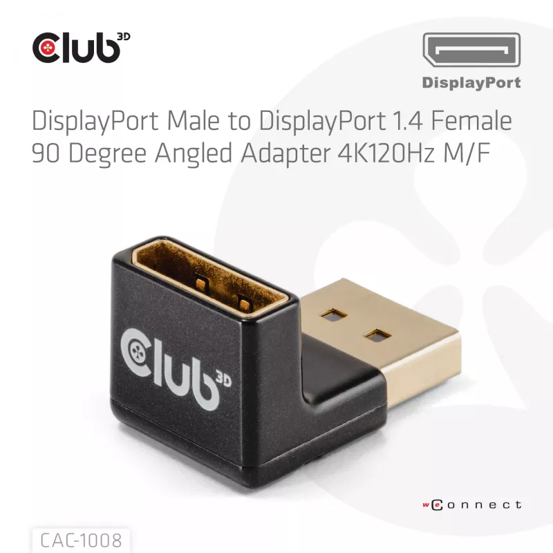 Adapter club 3D DisplayPort Stecker auf DisplayPort 1.4 Buchse 90° abgewinkelt, unterstützt 4K@120Hz