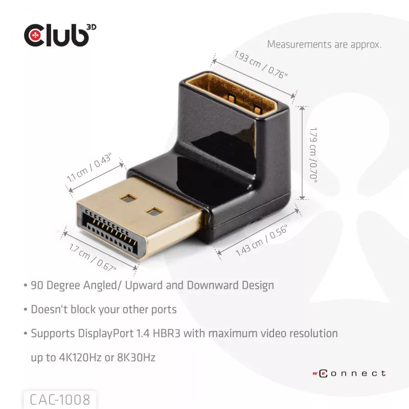 Adapter club 3D DisplayPort Stecker auf DisplayPort 1.4 Buchse 90° abgewinkelt, unterstützt 4K@120Hz
