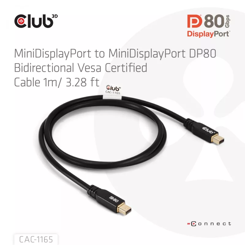CLUB3D MiniDisplayPort™ auf MiniDisplayPort bidirektionales VESA DP80 zertifiziertes Kabel M/M 1m/3,28ft