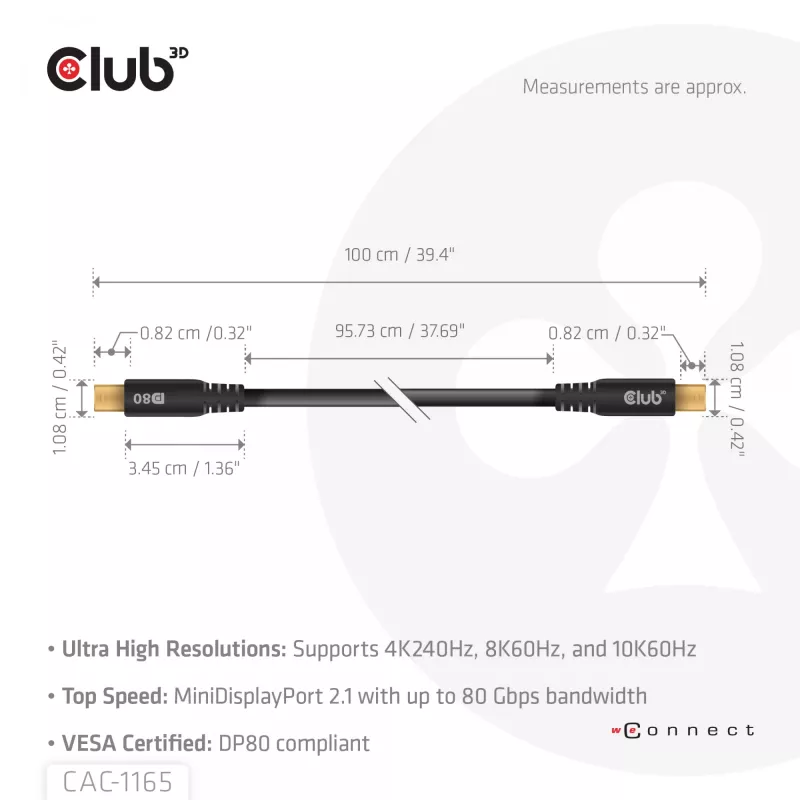 CLUB3D MiniDisplayPort™ auf MiniDisplayPort bidirektionales VESA DP80 zertifiziertes Kabel M/M 1m/3,28ft