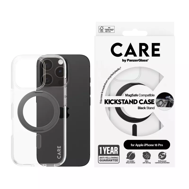 PanzerGlass CARE™ by ® Case Transparent mit schwarzem Kickstand & MagSafe iPhone 16 Pro