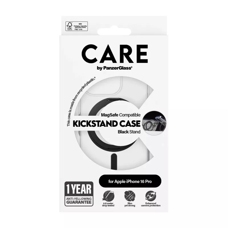 PanzerGlass CARE™ by ® Case Transparent mit schwarzem Kickstand & MagSafe iPhone 16 Pro