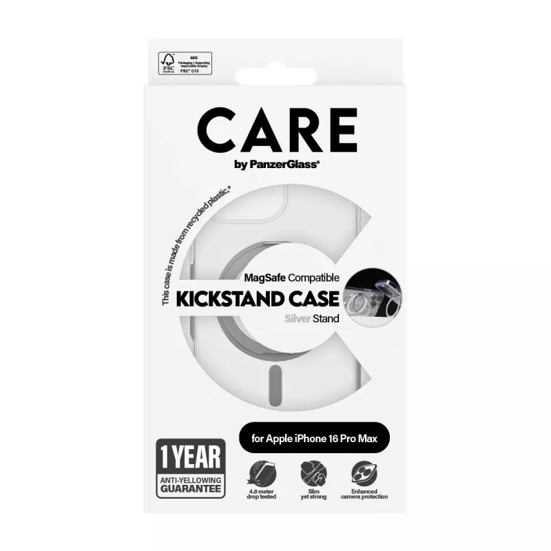 PanzerGlass CARE™ by ® Case Transparent w. Silver Kickstand & MagSafe iPhone 16 Pro Max