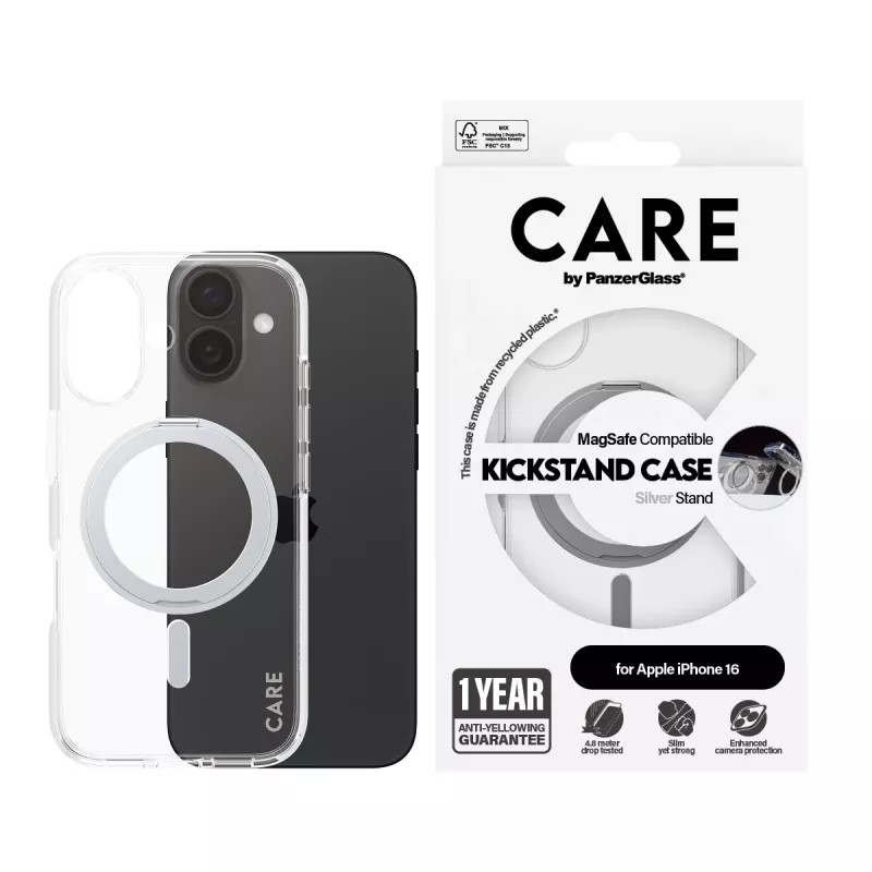 PanzerGlass CARE™ by ® Case Transparent mit silbernem Kickstand & MagSafe iPhone 16