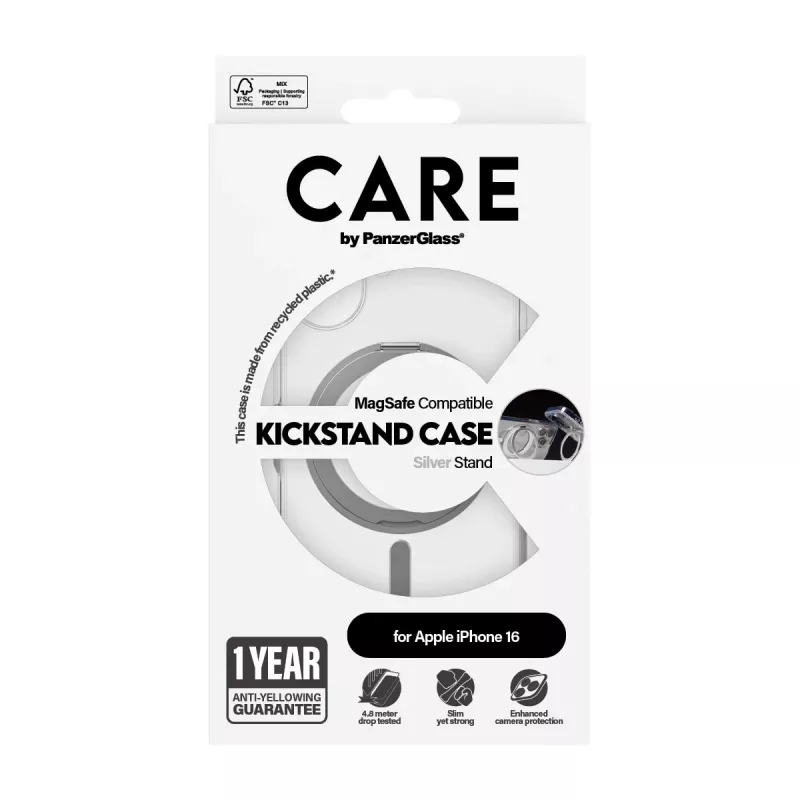 PanzerGlass CARE™ by ® Case Transparent mit silbernem Kickstand & MagSafe iPhone 16