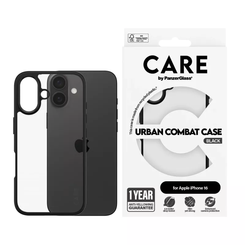 PanzerGlass CARE™ by ® Urban Combat Hülle Transparent mit schwarzem Rahmen iPhone 16