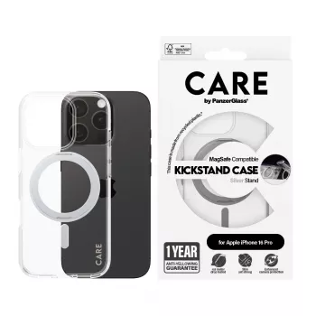 PanzerGlass CARE™ by ® Case Transparent mit silbernem Kickstand & MagSafe iPhone 16 Pro