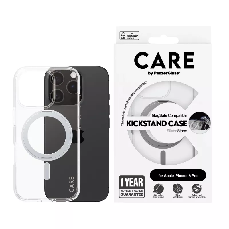 PanzerGlass CARE™ by ® Case Transparent mit silbernem Kickstand & MagSafe iPhone 16 Pro