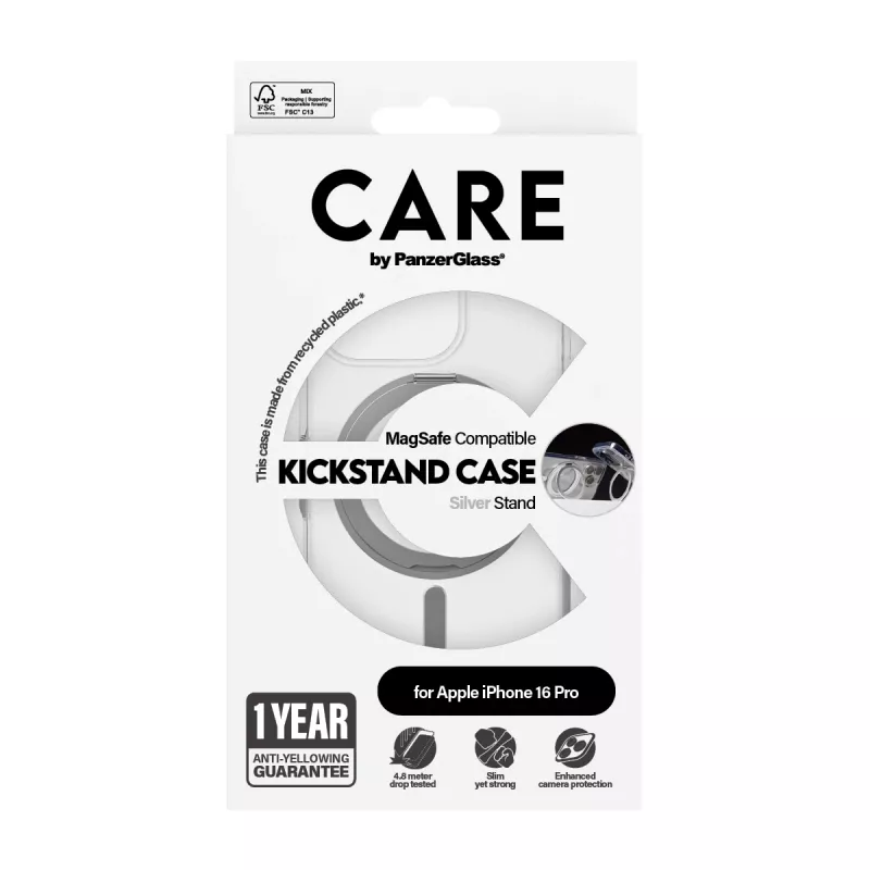 PanzerGlass CARE™ by ® Case Transparent mit silbernem Kickstand & MagSafe iPhone 16 Pro