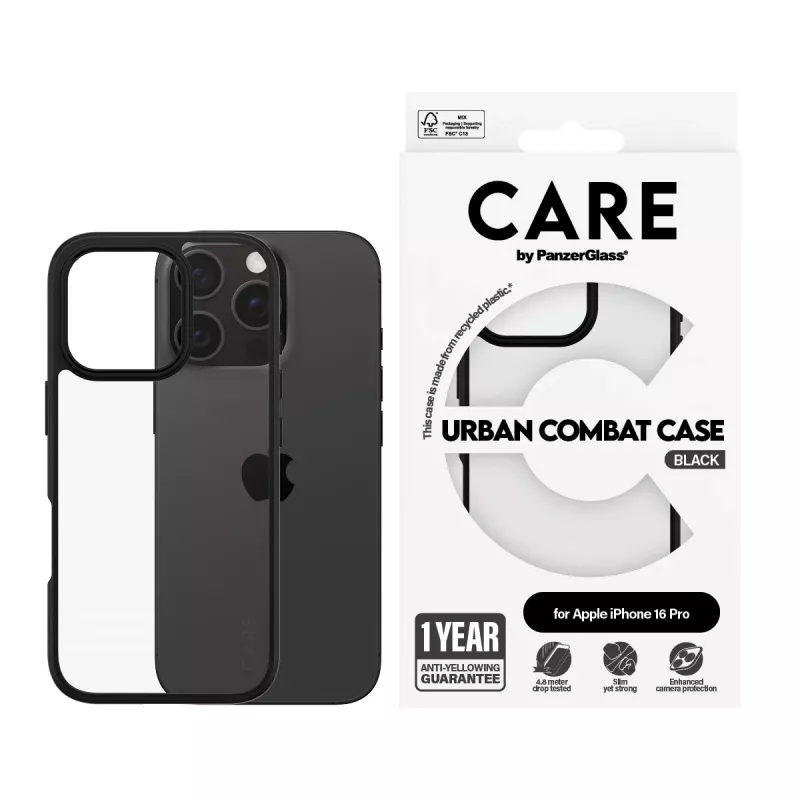 PanzerGlass CARE™ by ® Urban Combat Hülle transparent mit schwarzem Rahmen für iPhone 16 Pro