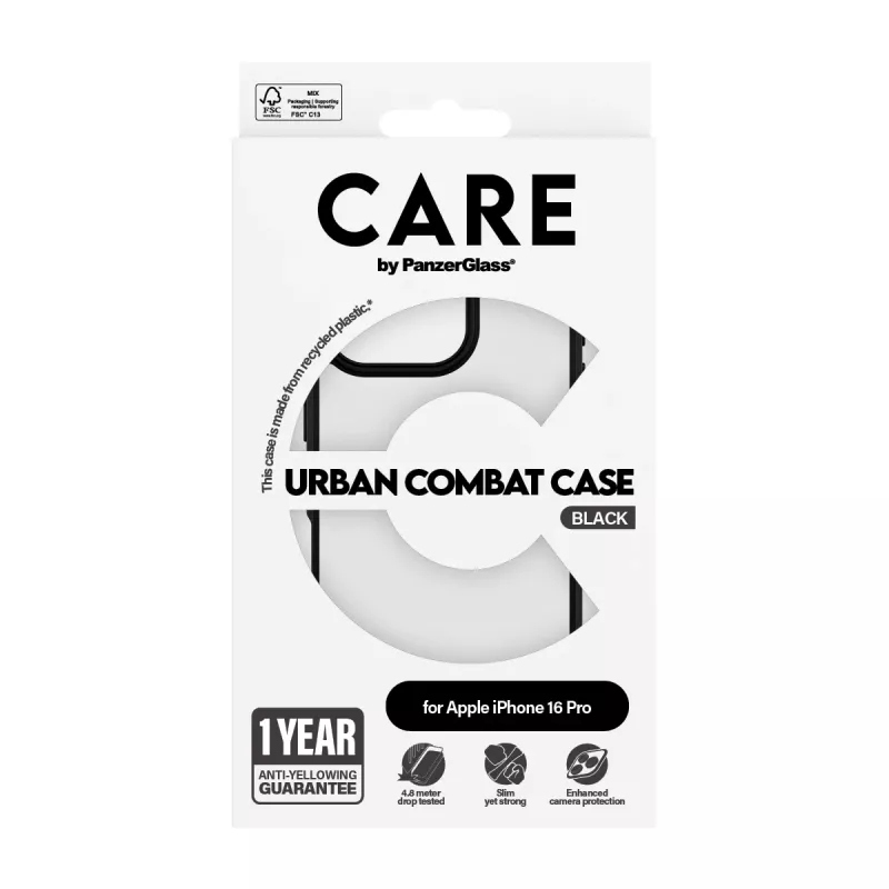PanzerGlass CARE™ by ® Urban Combat Hülle transparent mit schwarzem Rahmen für iPhone 16 Pro