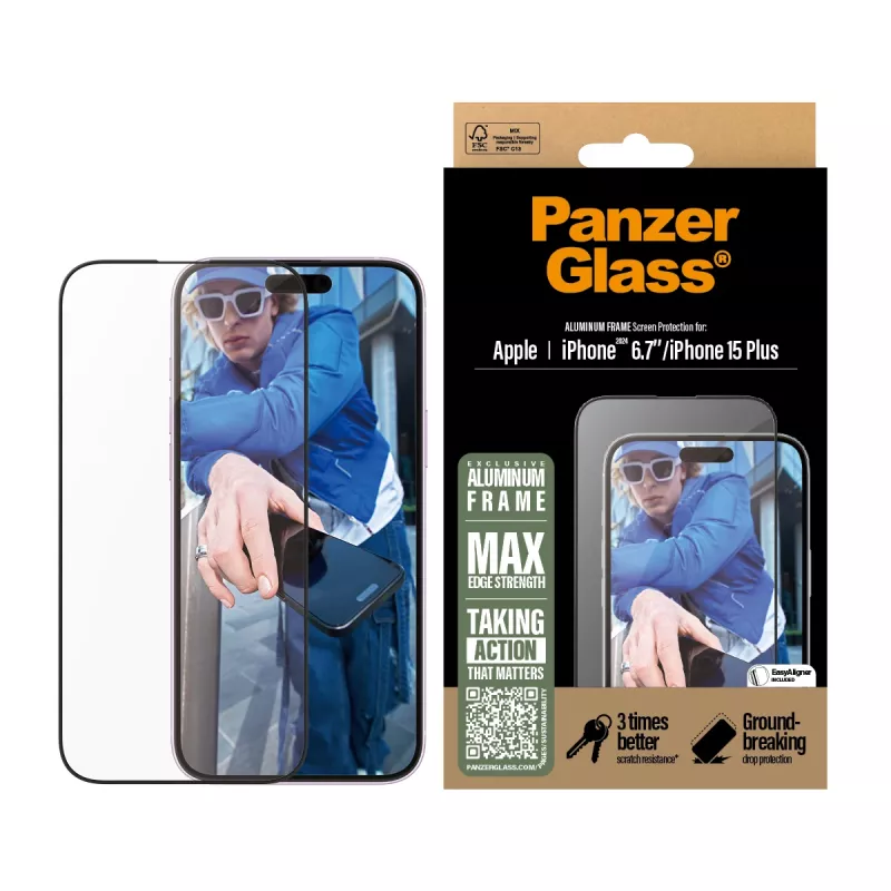 PanzerGlass® Displayschutz Aluminiumrahmen iPhone 16 Plus | 15 Plus | Ultra-Wide Fit