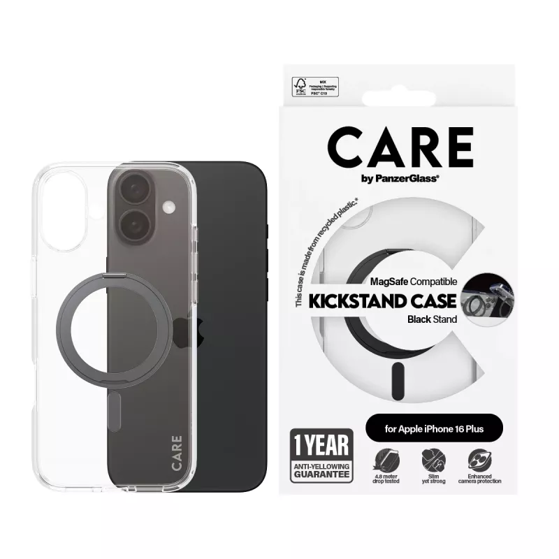 PanzerGlass CARE™ by ® Case Transparent mit schwarzem Kickstand & MagSafe iPhone 16 Plus