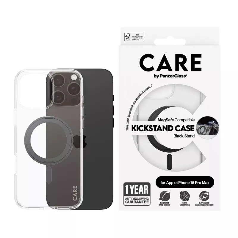 PanzerGlass CARE™ by ® Case Transparent mit schwarzem Kickstand & MagSafe für iPhone 16 Pro Max