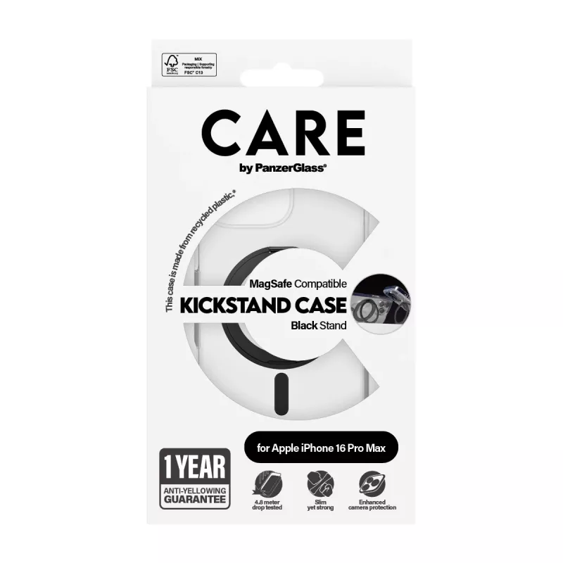 PanzerGlass CARE™ by ® Case Transparent mit schwarzem Kickstand & MagSafe für iPhone 16 Pro Max