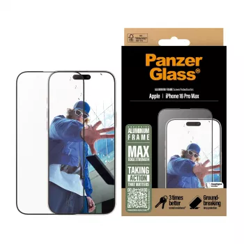 PanzerGlass® Bildschirmschutzfolie Aluminiumrahmen iPhone 16 Pro Max | Ultra-Wide Fit
