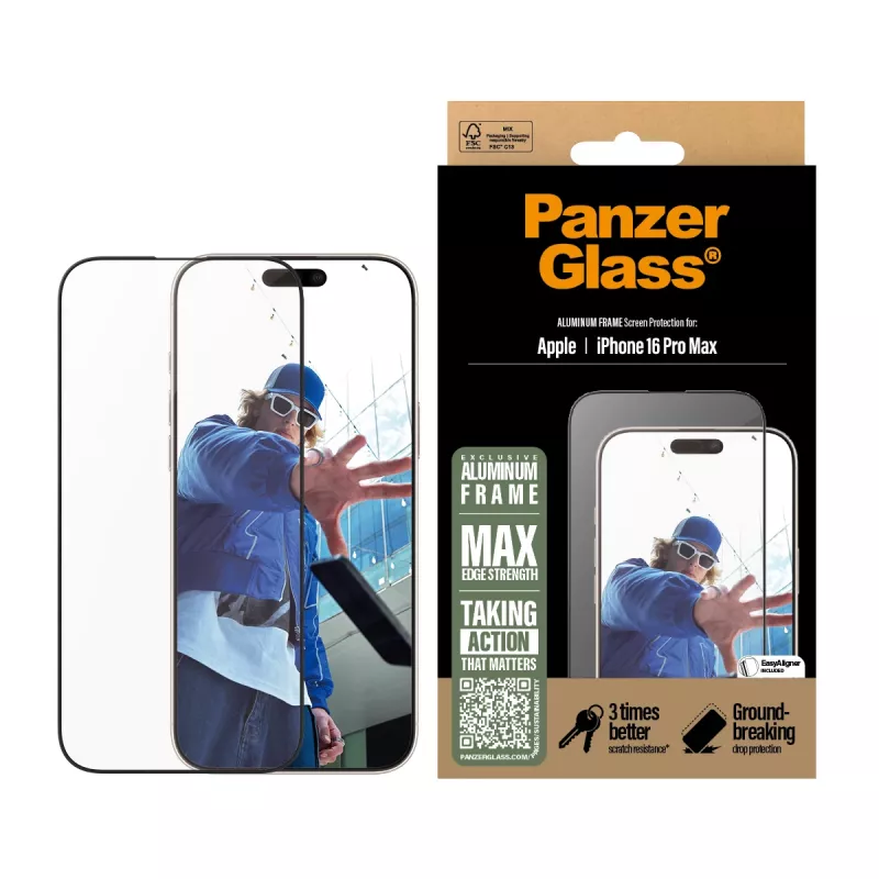 PanzerGlass® Bildschirmschutzfolie Aluminiumrahmen iPhone 16 Pro Max | Ultra-Wide Fit