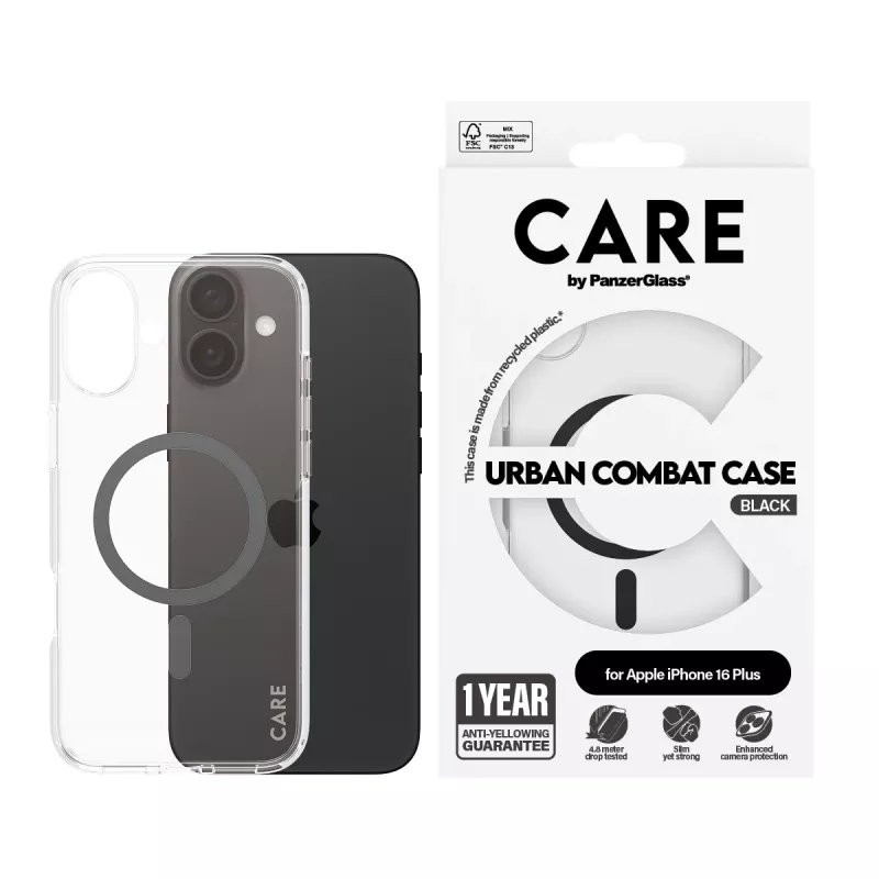 PanzerGlass CARE™ by ® Urban Combat Hülle transparent mit schwarz MagSafe iPhone 16 Plus