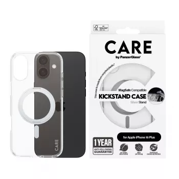 PanzerGlass CARE™ by ® transparente Hülle mit silbernem Kickstand & MagSafe iPhone 16 Plus
